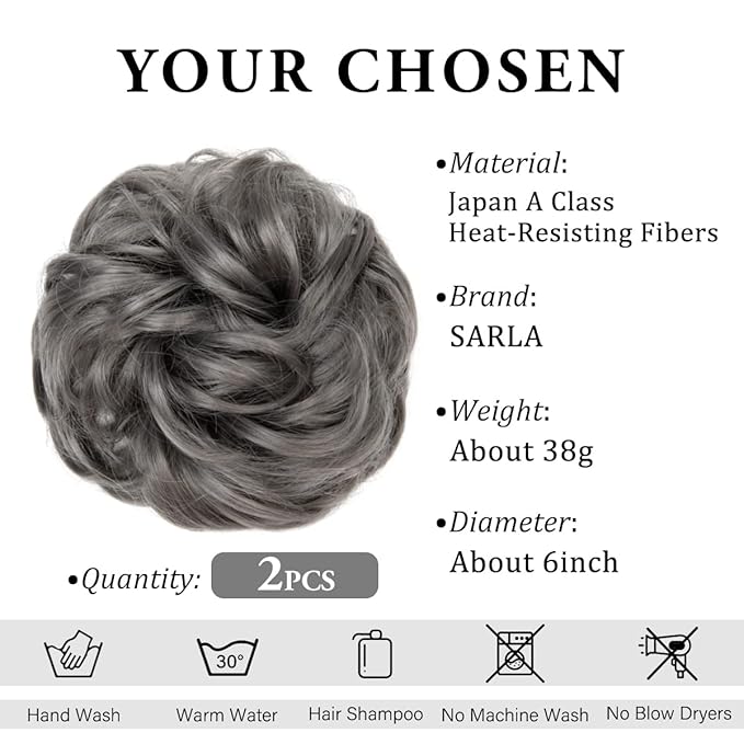 SARLA 2PCS Grey Messy Hair Bun Hair Pieces Wavy Curly Synthetic Updo Fake Scrunchies Ponytail Extension for Women 171#