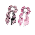 Cherry Blossom Elastic Ribbon Hair Ties 2 Pcs Pink Black Scarf Scrunchies Travel Accessory for Thick Thin Hair Satin Ponytail Scrunchy with Tails