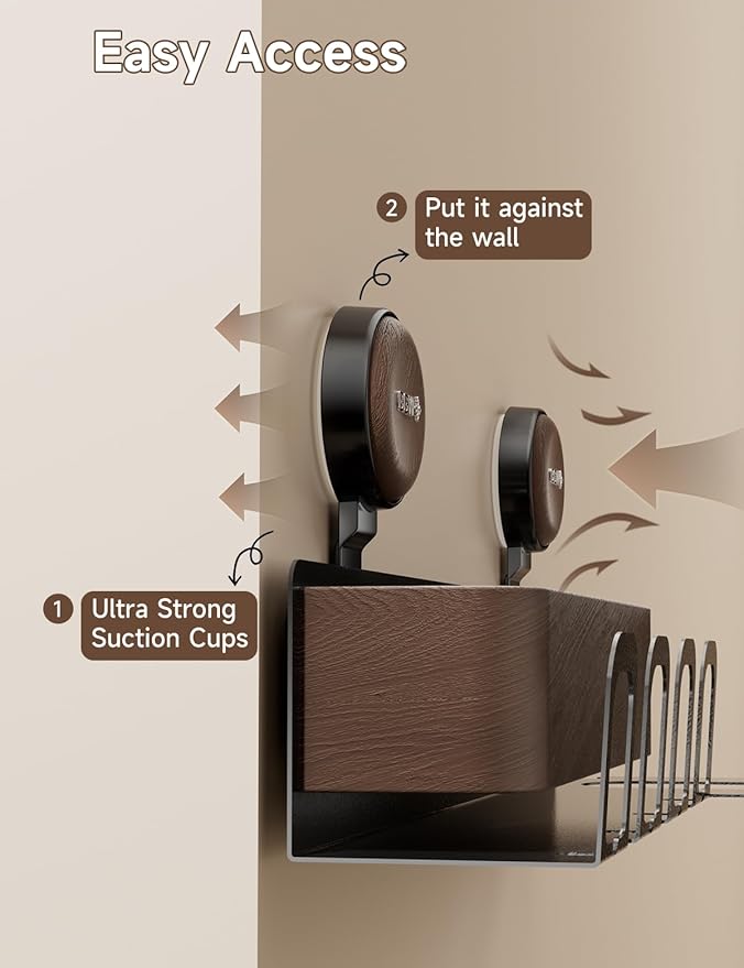 Hair Dryer Holder Wall Mount with Suction Cup, No-Drill Metal Blow Dryer Holder, Hair Accessories Tools Organizer Rack with 2 Toothbrush Hanger & Shelf, Walnut Finish for Bathroom