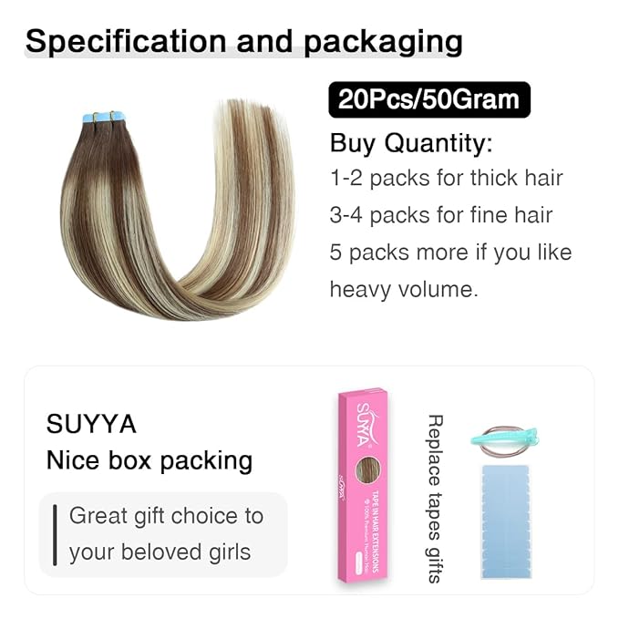 SUYYA Tape in Hair Extensions Human Hair Balayage Chocolate Brown to Bleach Blonde and Chestnut Brown 20 Inch 50g/pack 20pcs Straight Seamless Skin Weft Tape in Real Human Hair(20inch #P6/613/T4)