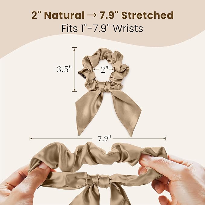 THXSILK 100% Mulberry Silk Bow Scrunchies 3-Pack, 22 Momme Mulberry Silk Hair Ties for Women, Cute Bunny Ear No Damage Ponytail Holders, Fashion Hair Accessories for Girls(M, Taupe)