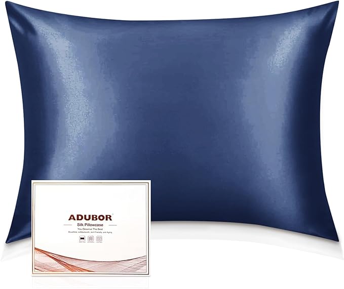 Adubor 100% Silk Pillowcase - Mulberry Silk Pillow Cases, 23 Momme 6A Grade Fibers, Silk Pillow Case for Hair and Skin Health, with Hidden Zipper (King 20''×36'', Navy Blue, 1PC)