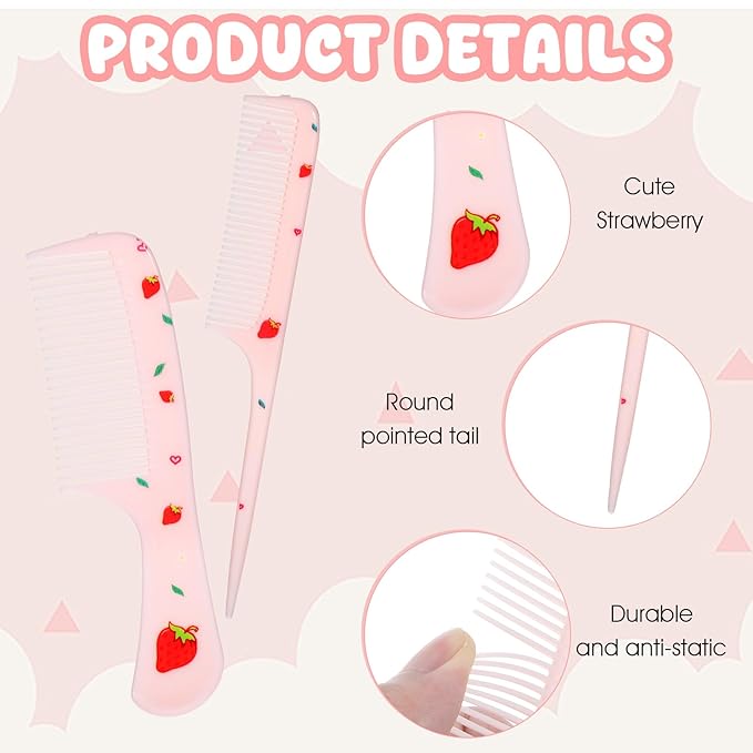 Baby Comb Set, Small Cute Fine Tooth Toddler Comb & Rat Tail Baby Comb for Styling, Pink Baby Hair Comb Plastic Parting Combs, Anti-Static Mini Hairdressing Comb for Baby Girl Wet Dry Hair (2Pcs)