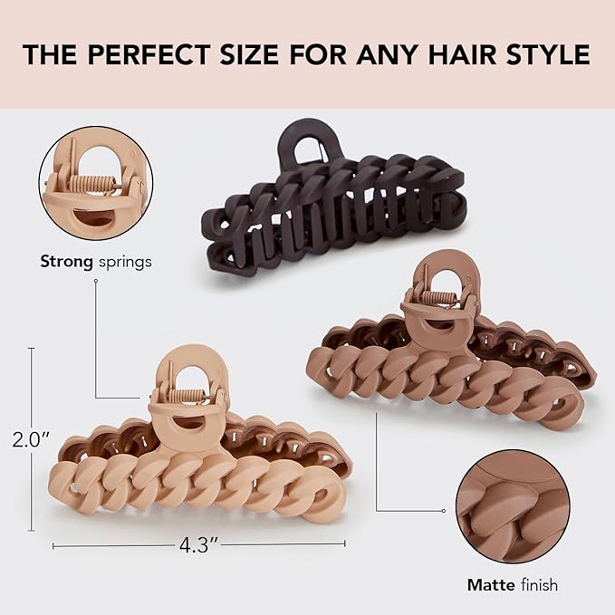 Kitsch Recycled Plastic Large Claw Clip, Big Chain Hair Clips for Women, Big Claw Clips for Thick Hair | Ideal Gifts for Women, (3pc Set Large Neutrals)
