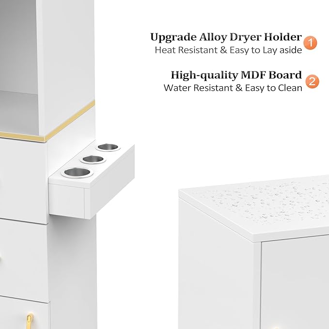 Salon Station for Hair Stylist - Barber Beauty Spa Equipment With 2 Drawers, 2 Storage Cabinets, 6 Hair Dryer Holders for Styling - White Gold