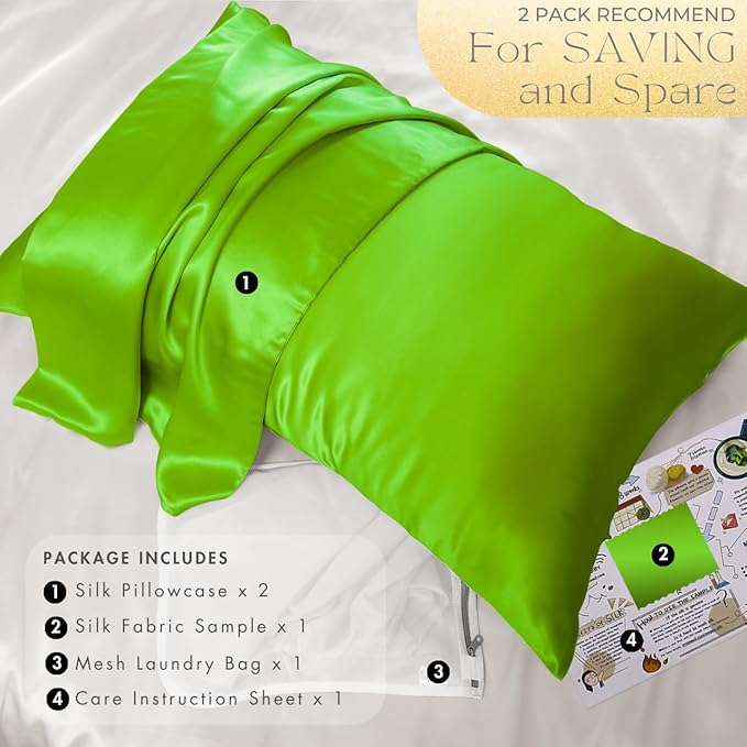 PROMEED Mulberry Silk Pillowcases Set of 2Pcs, Both Sides 100% 23 Momme Real Silk Pillow Case Standard Size 2 Pack, Natural Silk Pillow Cover for Sensitive Skin (Standard 20"x26", Green)