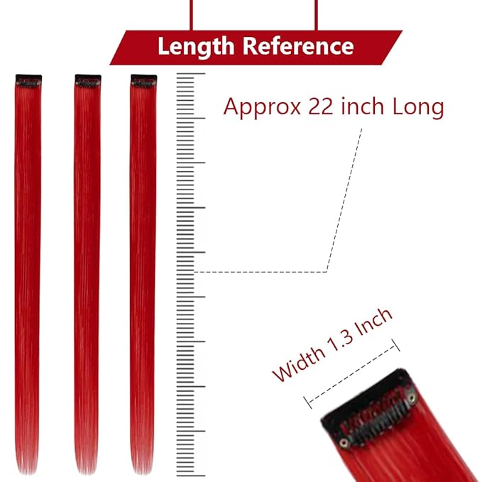 Red Hair Extensions Clip in, 22 Inch 10 Pieces Long Straight Colored, for Women Kids Girls Highlight Party, Synthetic