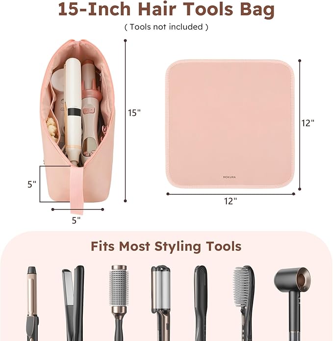 MOKURA Hot Hair Tools Travel Bag with Heat Resistant Mat, Women Hair Accessories Organizer Case, Storage Pouch for Curling Iron Straightener Flat Iron, Valentines Day Gifts for Women, Girlfriend, Pink