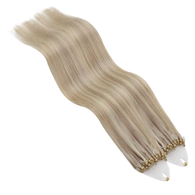 YoungSee Micro Link Hair Extensions Human Hair Blonde Micro Bead Hair Extensions Real Human Hair Blonde Highlights Ash Blonde Micro-Ring Hair Extension Silky Straight 18In Bead Hair Extension 50g 50s