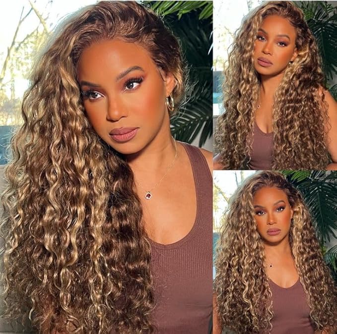 Highlight Ombre Lace Front Wigs Human Hair 13x6 Honey Blonde Deep Wave Wig Human Hair 4/27 Glueless Deep Wave Human Hair Wigs Pre Plucked with Baby Hair for Women 24 Inch