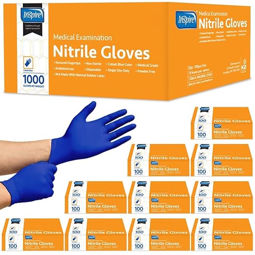 Inspire Black Nitrile Disposable Gloves | 4.5 Nitrile Safety Medical Exam Cooking Cleaning Disposable Black Gloves (Blue - Case of 1000, Large)