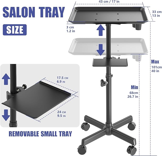 Salon Tray Cart on Wheels with Storage Platform, Adjustable Height Hair Stylist Tray, Premium Iron Tattoo Tray, Suitable for Salon and SPA Use
