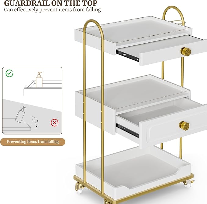 Barber Salon Trolley Cart w/Lockable Wheels, 3-Tier Rolling Beauty Cart with 2 Drawers & Dryer Holder, Mobile Beauty Trolley for Beauty Spa Barbershop(White)