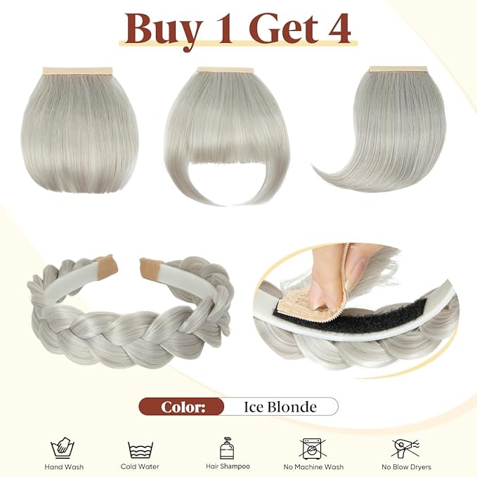 SARLA Braided Headband with 3 Detachable Clip in Bangs Fringe Hairpieces Fake Synthetic Hair Band Bangs for Women Ice Blonde