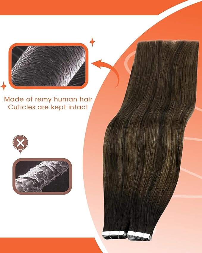 Sunny Hair Tape in Hair Extensions Real Human Hair Invisible Remy Hair Extensions Tape ins for Women Darkest Brown Ombre Medium Brown Balayage 16 inch 25G