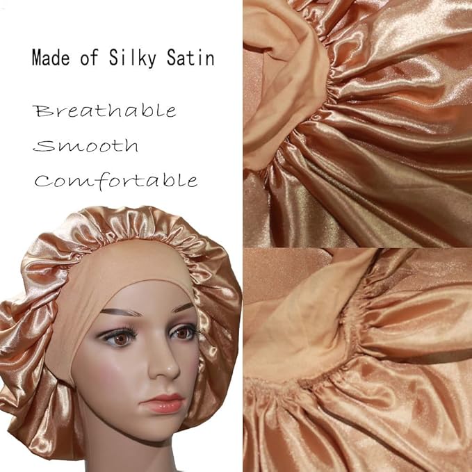 VEYRNEIC Hair Satin Bonnet for Sleeping Shower Caps Silk Chemo Caps with Wide Elastic Band Night Sleep Cap Bonnets for Black Women Braids with Satin Storage Bag (Gold)