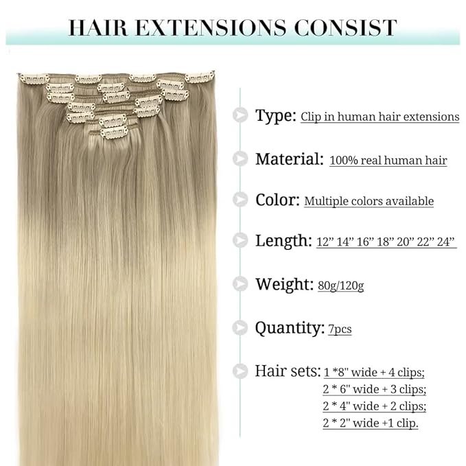 DOORES Human Hair Clip in Extensions, Balayage Ash Blonde to Golden Blonde and Platinum Blonde 24 Inch 120g 7pcs, Clip in Extensions Human Hair Natural Extensions For Women Clip in Straight Thick Hair