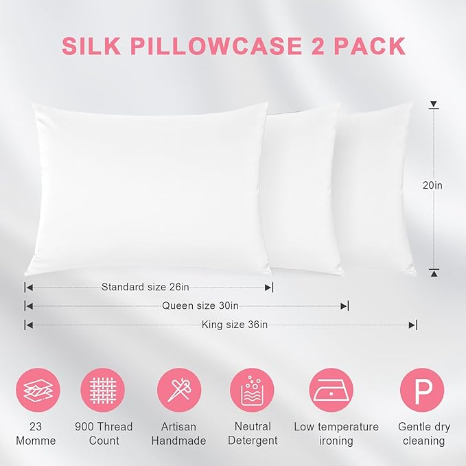 100% Silk Pillowcase 2 Pack for Hair and Skin, Both Sides 23 Momme Grade 6A+ Mulberry Silk Pillowcases with Hidden Zipper, Soft&Smooth Cooling Pillow Cases (White, Queen 20×30)