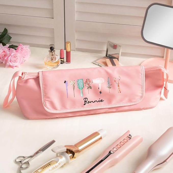 callie Custom Hair Tools Travel Bag, Personalized Portable Hair Accessories Organizer Case Storage Pouch with Heat Resistant Mat, Birth Flower Gifts for Women Men, 18" x 4.7" × 5.9"