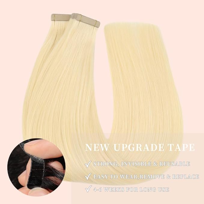 Tape in Hair Extensions Blonde Tape ins 16 Inch Hair Extensions Tape in Human Hair Extensions 20pcs Natural Hair Invisible Glue Platinum Blonde(60#,16 Inch)