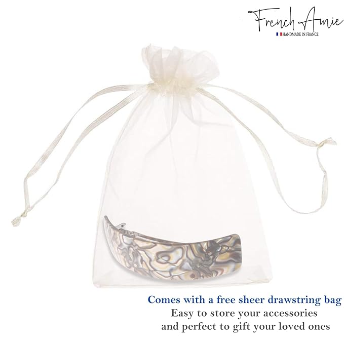French Amie Curved Onyx Large 3 ¾” Handmade Celluloid Automatic Volume Hair Clip Barrette (Onyx Silver Grey)
