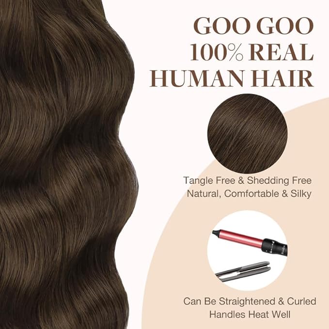 GOO GOO Tape in Hair Extensions Human Hair, 4A Chocolate Brown, 16inch 25g 10pcs, Skin Weft Seamless Invisible, Silky Straight with Thick Ends, Remy Human Hair