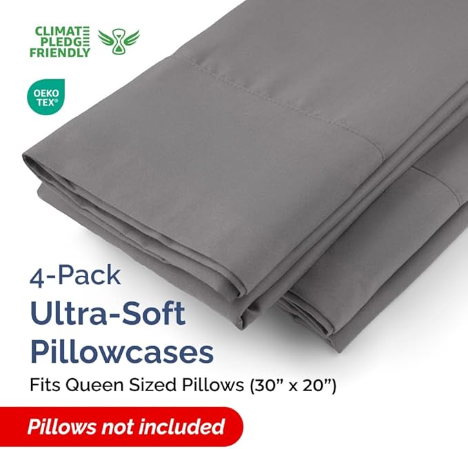 Queen Pillow Cases - 4 Pack - Super Soft Pillowcase Covers - Envelope Enclosure - Hotel Quality Pillow Protectors - Wrinkle Free, Shrink & Stain Resistant - Machine Washable - 20" x 30" (Dark Grey)
