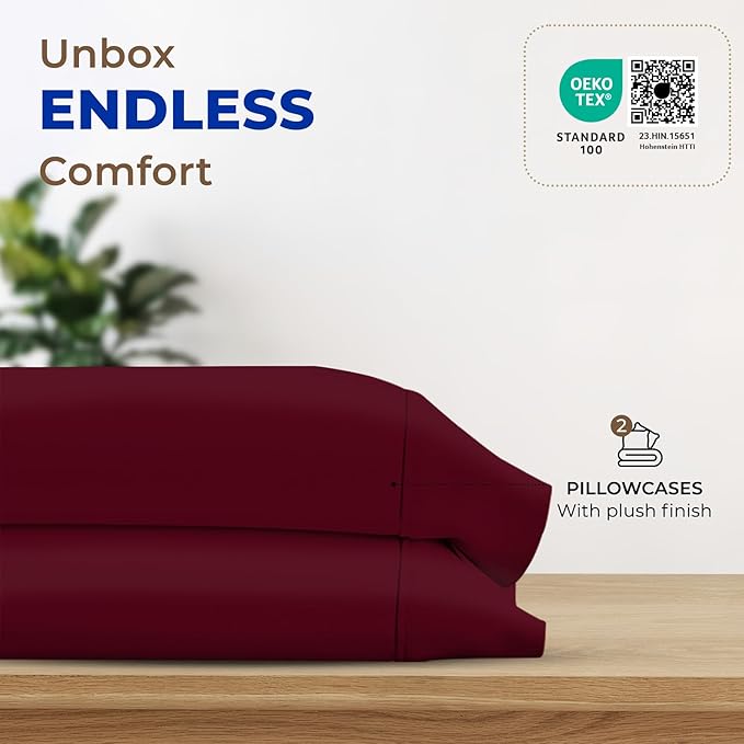 THREAD SPREAD 100% Egyptian Cotton Pillow Cases King - 1000 Thread Count Pillow Cases King Size Set of 2, Cooling & Breathable Extra Long Staple Sateen Weave Cotton Pillow Covers for Bed - Burgundy