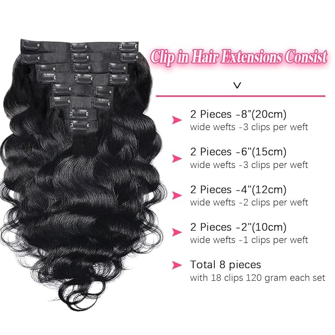 Body Wave Seamless Clip In Hair Extensions Real Human Hair Clip Ins 100% Unprocessed Human Hair Extensions 8pcs with 18Clips Per Set 120g(20inch,Natural Black)