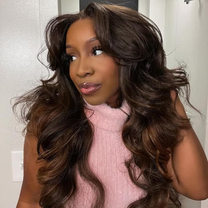 YIROO Bye Bye Knots Glueless Wig Highlight Ombre Chestnut Brown Loose Wave Lace Front Wig Pre Plucked Pre Bleached Pre Cut 7x5 HD Lace Closure Wig Put on and Go Ready to Wear Wig 150% Density 18inch