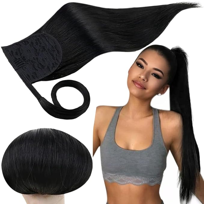 RUNATURE Human Hair Ponytail for Black Women, Real Hair Ponytail Extension, Long Ponytail Hair Extensions with Magic Paste, Wrap Around, Easy to Install, 20 Inch 80g #1 Jet Black
