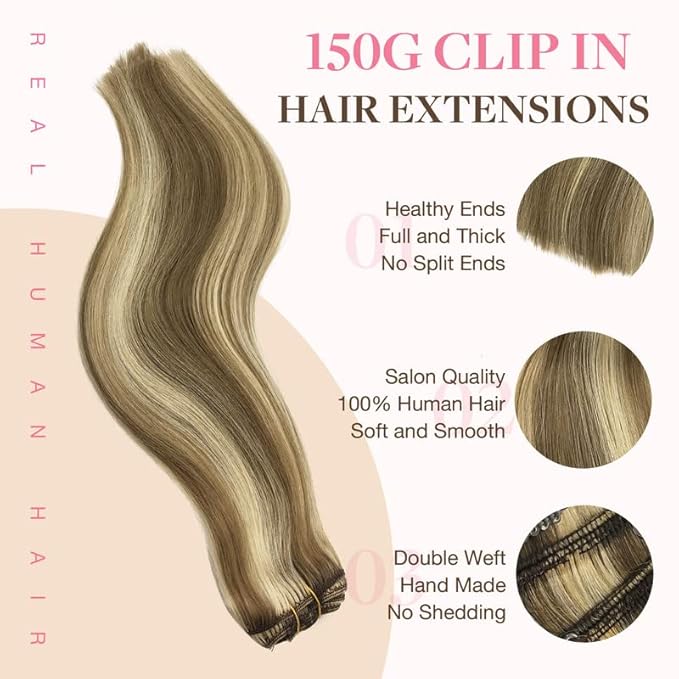 GOO GOO Clip in Hair Extensions Real Human Hair, Remy Human Hair Extensions Clip ins for Women, Natural Human Hair, 20inch 150g 9Pcs, 8A/22 Medium Brown Highlighted Golden Blonde