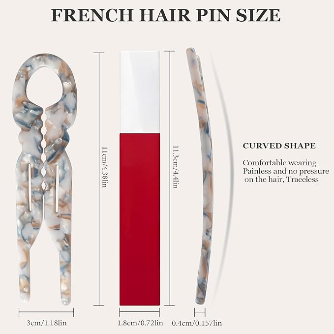Sunolga 6pcs Prestige French Hair Pins for Women, 4.38" Large, Serrated Anti-Slip Design, Curved Shape for Better Head Fit, Coquette Elegant Hair Accessories for Updos, Chignon, Bun Hairstyles