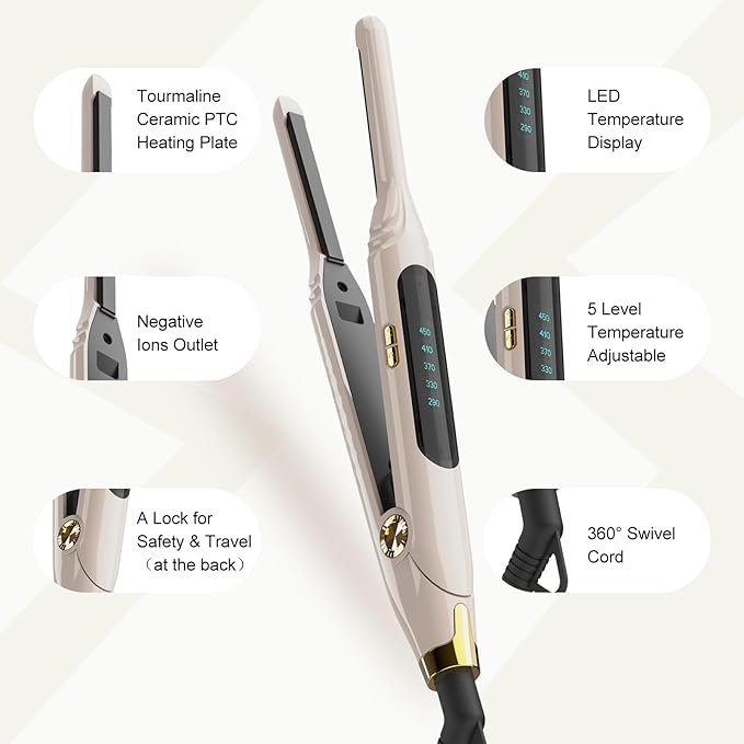 Mini Flat Iron 3/10'' Small Flat Irons for Short Hair,Pixie Cut & Bangs,Tiny Hair Straightener for Edge with LED Display,Travel Thin Hair Straightener with Dual Voltage,Auto Shut Off（Khaki）