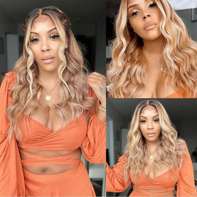 Highlight Bundles Human Hair Blonde Body Wave Bundle Niegmeag Brazilian Virgin Remy Hair 3 Bundles 20 22 24 Inch 2 Tone Blonde and Brown Body Wave Bundle 300g