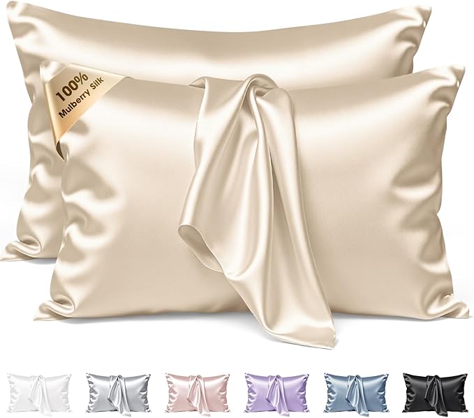 Silk Pillow Cases 2 Pack Queen Size Mulberry Silk Pillowcase Set of 2 for Hair and Skin 30 x 20 Inches 22 Momme Both Side Grade 6A Silk Soft Breathable Cooling with Hidden Zipper, Beige
