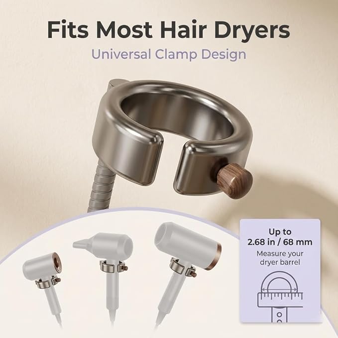 Hands Free Hair Dryer Holder, Suction Cup Wall Mount Blow Dryer Holder Stand with Flexible Adjustable Neck, 360° Rotation, Quick Install on Smooth Surfaces - for Bathroom Organization, Apartments & Dorms