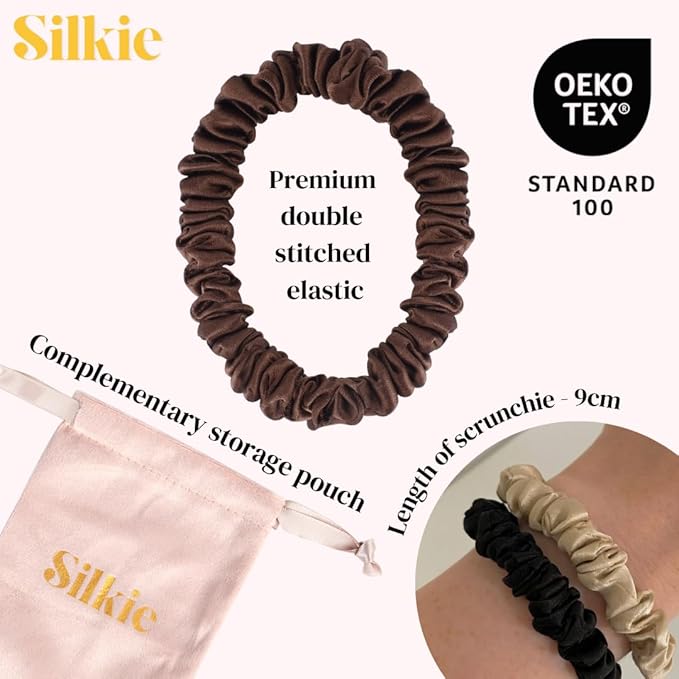 SILKIE x6 Set 100% Pure Mulberry Silk Black Noir Dark Midnight Neutral Skinny Scrunchies Travel Pouch Everyday Hair Ties Elastics Hair Care Ponytail Holder No Damage (Midnight)
