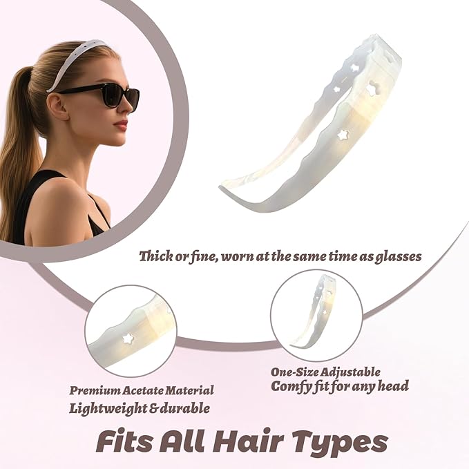 Acetate Hairbands for Women - Non-Slip Thin Headbands with Teeth, Eyewear-Friendly Design, 90s Retro Hair Accessories, No Pressure & No Headache Sunglasses Headband (White Star)