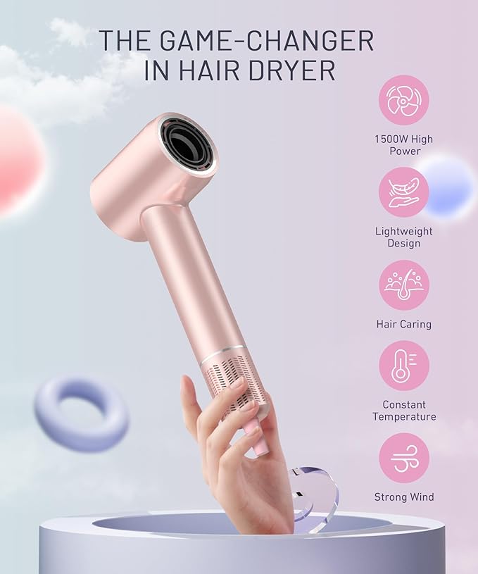 Cosy Companions Hair Dryer - 150000 RPM High-Speed Brushless Motor Negative Ionic Blow Dryer for Fast Drying, Low Noise Thermo-Control Hair Dryer with Diffuser and Nozzle, Gleaming Pink