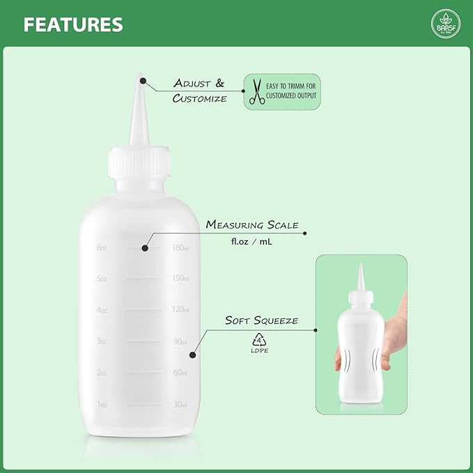 Bar5F Hair Color Applicator Bottles, 3-Pack, 6 Ounce Translucent Squeeze Dropper Bottle with Measuring Scale, BPA Free, Ideal for Salon, Oil, Hair Coloring, Scalp Treatment, Taming & Styling