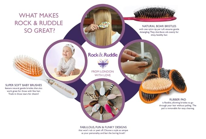Rock & Ruddle Natural Mixed Boar Bristle Hair Brush for Women and Kids (Small/Travel Size, 17.5cm) - Perfect for Wet or Dry Hair, Detangling Smoothing Blowdrying - Made in UK - Cute Cats