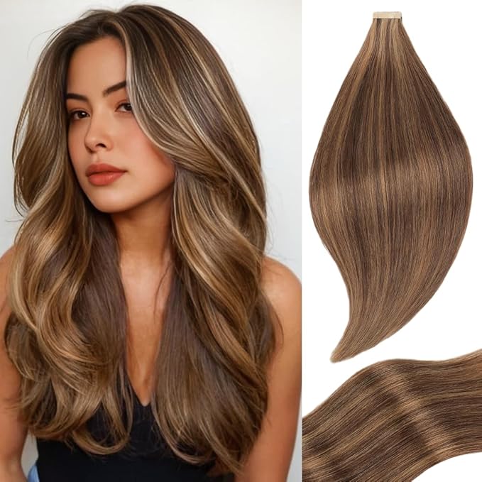 Darkest Brown to Medium Brown Tape in Hair Extensions Human Hair, 20pcs 16 Inch Remy Hair Extensions Straight Human Hair Tape in Extensions Skin Weft Tape Extensions Human Hair (P2/10#,16 Inch)