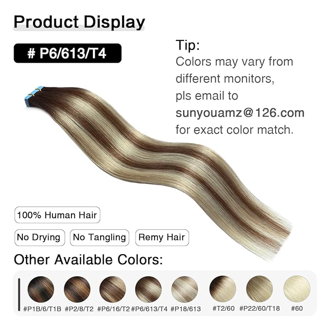 SUYYA Tape in Hair Extensions Human Hair Balayage Chocolate Brown to Bleach Blonde and Chestnut Brown 40g/pack 20pcs Straight Seamless Skin Weft Tape in Human Hair Extensions(12inch #P6/613/T4)