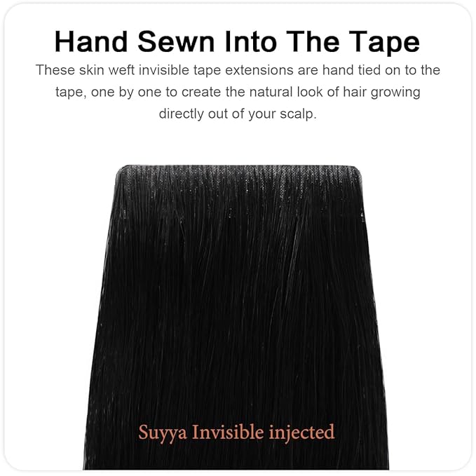 SUYYA Invisible Tape in Hair Extensions Human Hair Jet Black Seamless Injected Hand-Tied Pro Quality Virgin Human Hair 20PCS 50G/Pack Straight Tape Ins(20 inch #1 Jet Black)