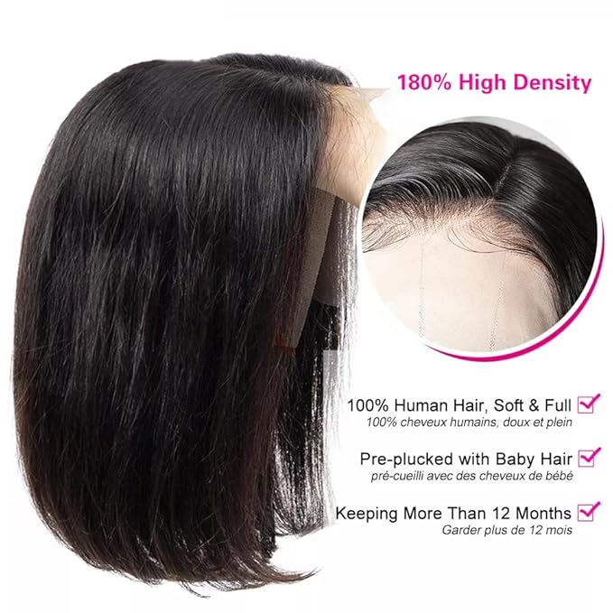 180 Density Bob Wig Human Hair 13x4 HD Frontal Bob Wigs Human Hair Bob Lace Front Wigs Human Hair Pre Plucked Brazilian Virgin Natural Black Wig 8 Inch