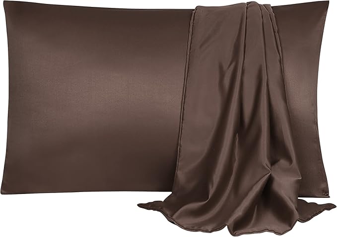 uxcell 2 Pack Silk Satin Pillowcase for Hair and Skin, Cool, Silky, Soft Breathable Pillow Cases Standard Size 20x26 Inch Sateen Pillowcase Brown with Envelope Closure