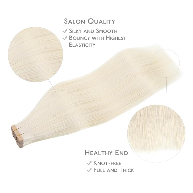 WENNALIFE Tape in Hair Extensions Human Hair, 20pcs 50g 24 inch White Blonde Remy Hair Extensions Straight Human Hair Tape in Extensions Skin Weft Tape Extensions Human Hair