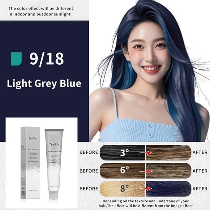 PureStyle 100ml Professional Permanent Hair Color Dye Cream Ammonia Free, Long Lasting Light Grey Blue Color, 100% Gray Coverage, Natural Shine, For All Hair Types Easy At Home Application