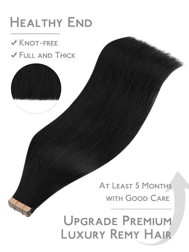WENNALIFE Fuller Tape in Hair Extensions Human Hair, 18 inch 20pcs 80g Jet Black Remy Hair Straight Tape in Extensions Thicker Skin Weft Tape Ins Extensiones De Cabello Humano